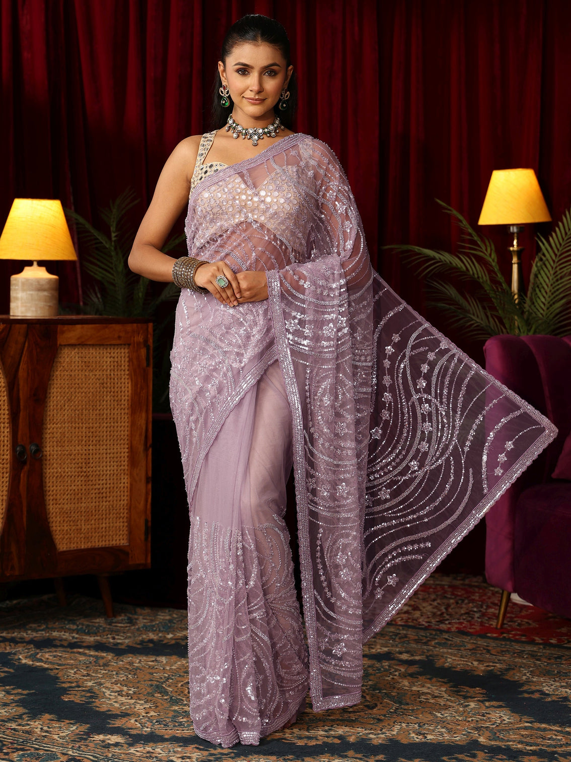 Mameraa Art Lavender Sequin Embellished Net Saree