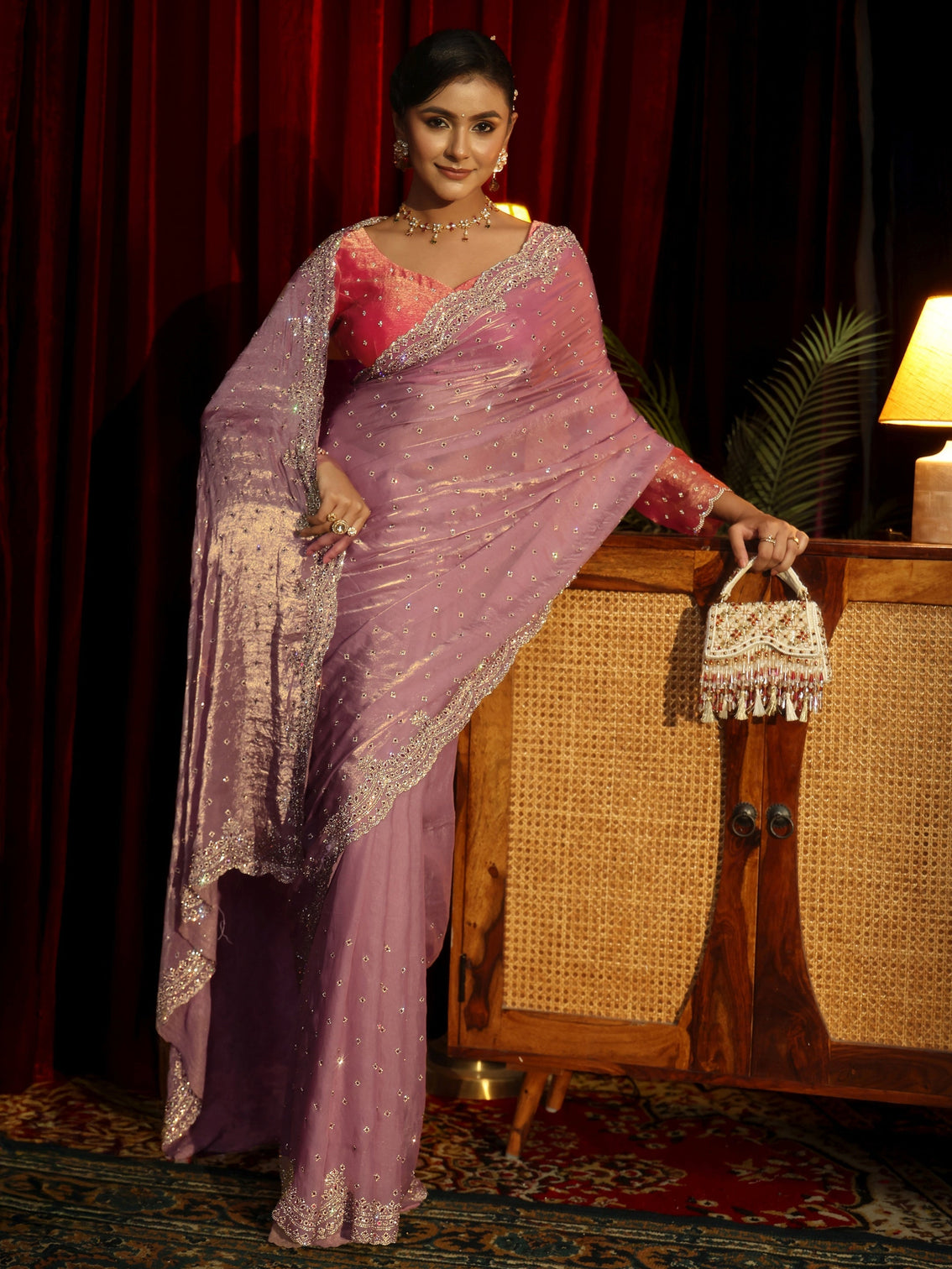 Mameraa Art Lavender Stone Work Embellished Tissue Saree