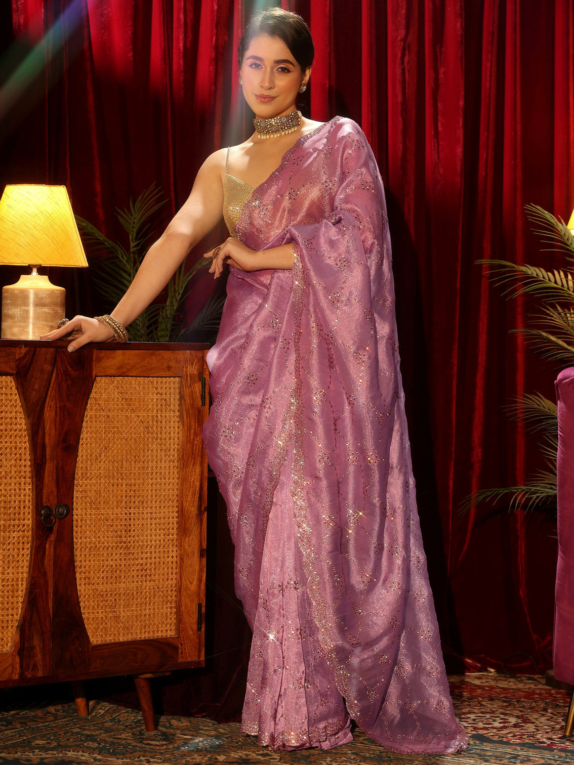Mameraa Art Lavender Stone Work Tissue Saree
