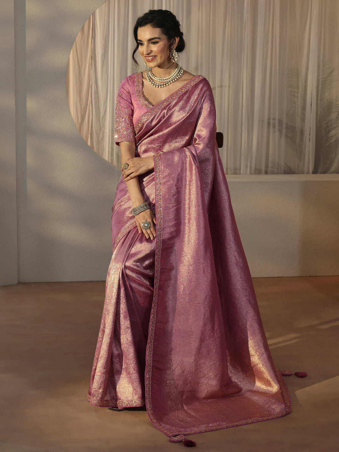 Mameraa Art Lavender Textured Silk Blend Saree with Embellished Border