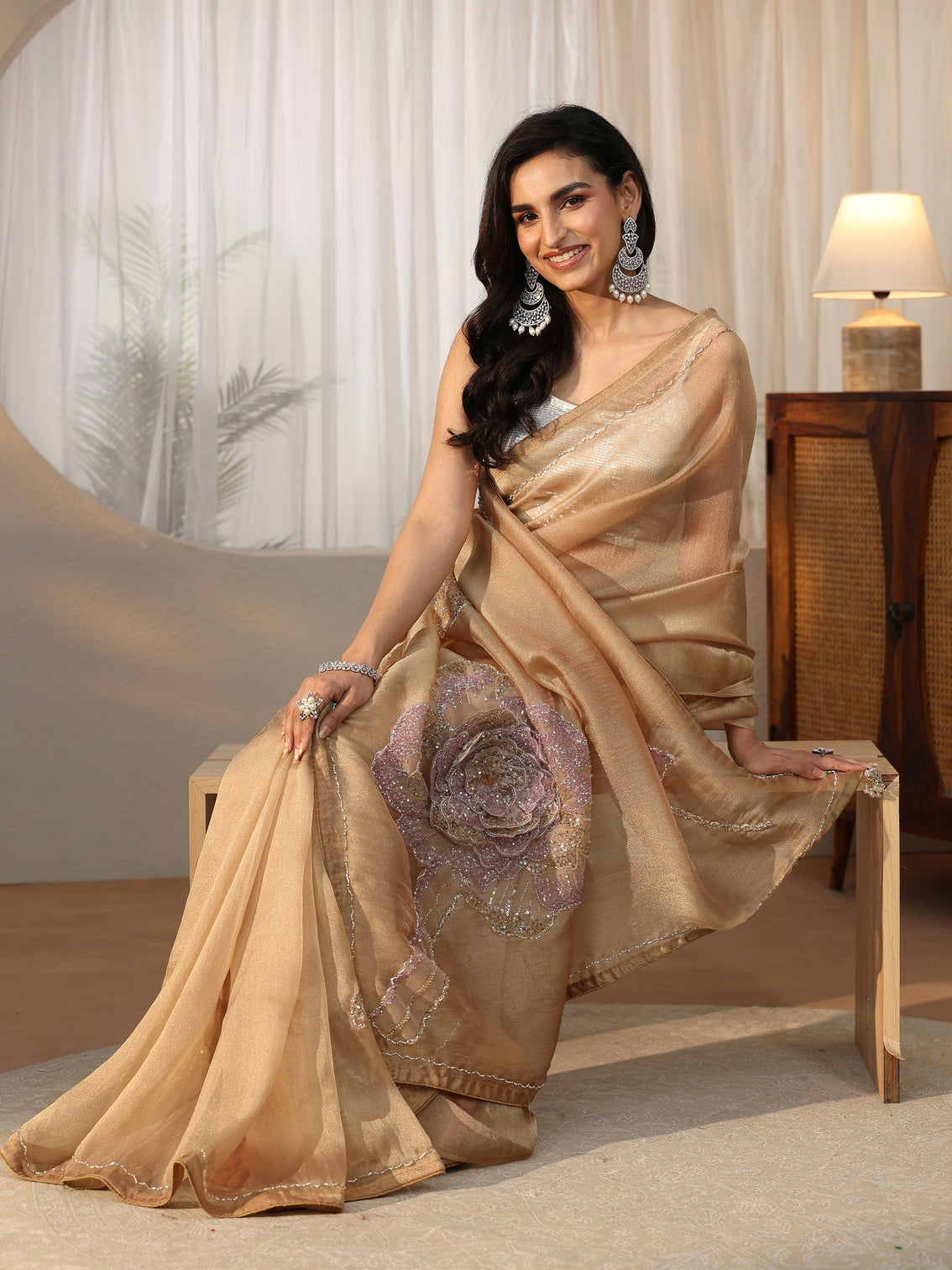 Mameraa Art Mameraa Art Gold Sequined Floral Applique Tissue Saree