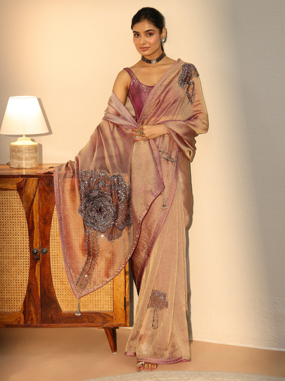 Mameraa Art Mameraa Art Mauve Sequined Floral Applique Tissue Saree