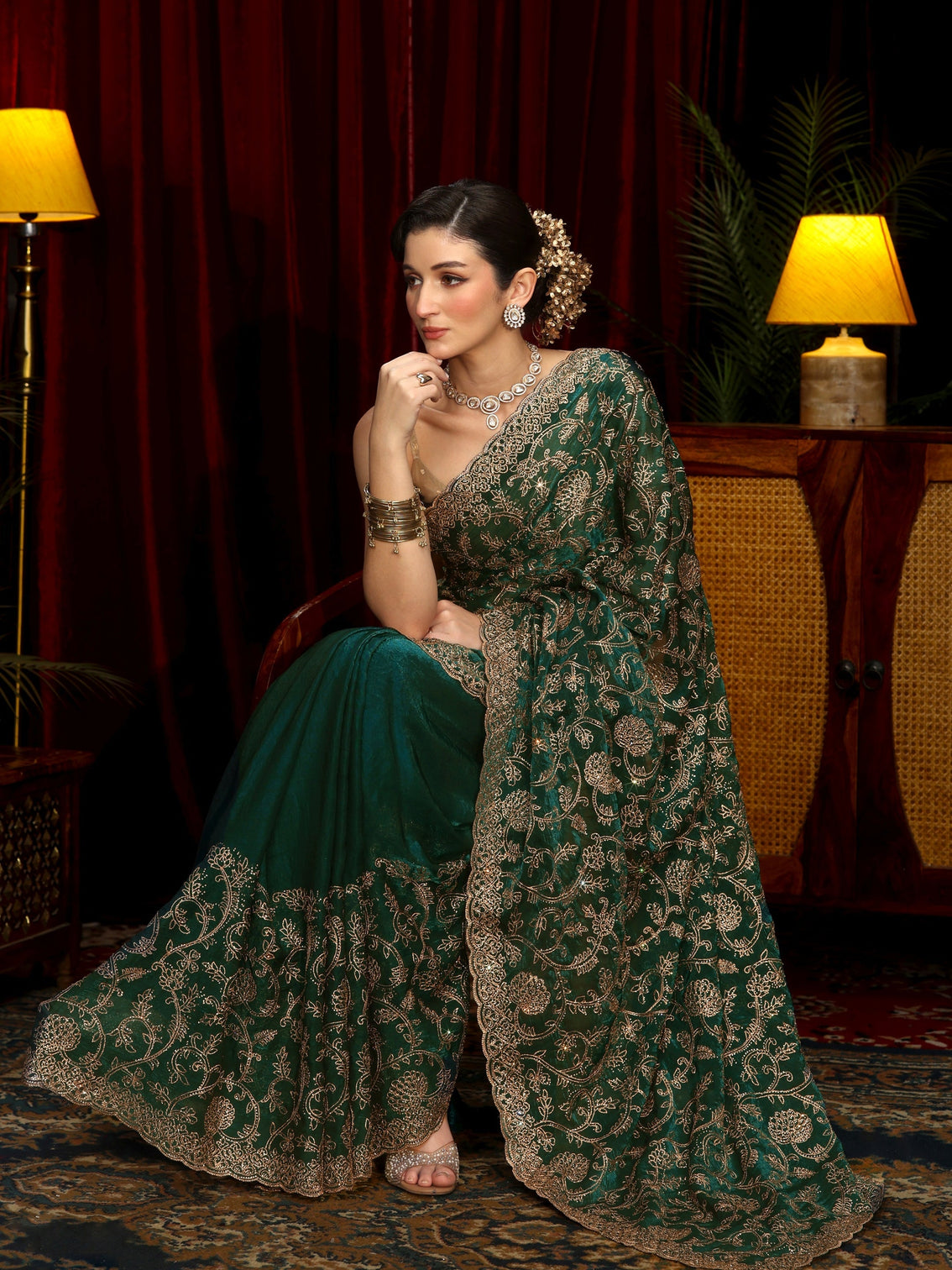 Mameraa Art Libs Art Sacramento Green Floral Zari Embroidered Tissue Saree