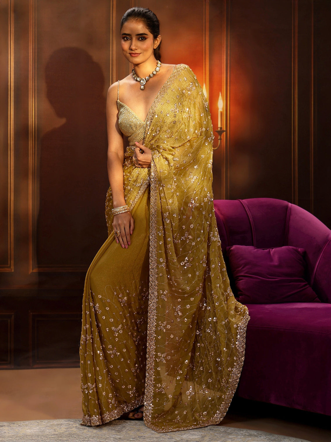Mameraa Art Light Henna Green Embellished Tissue Saree