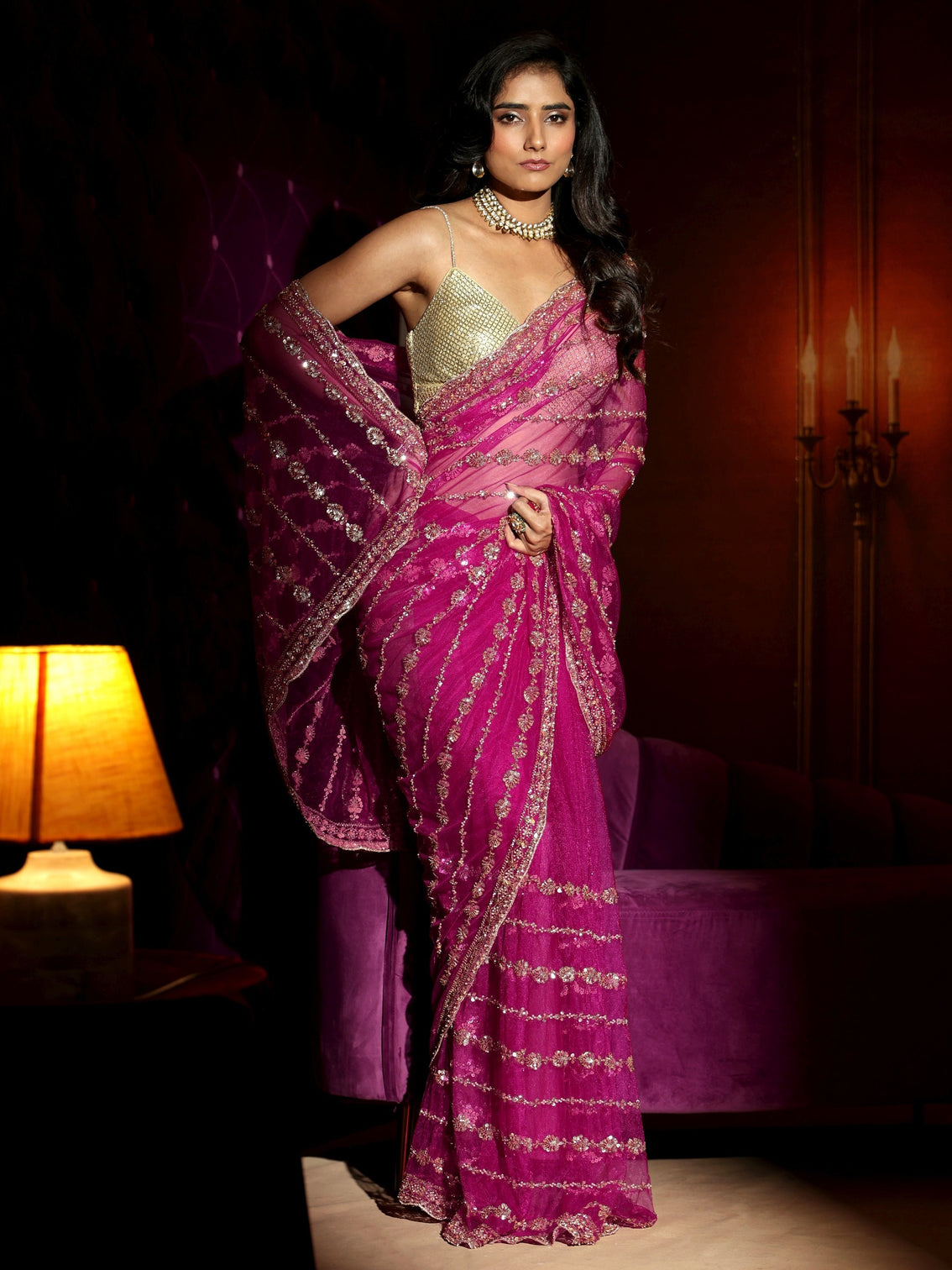 Mameraa Art Magenta Pink Embellished Net Saree