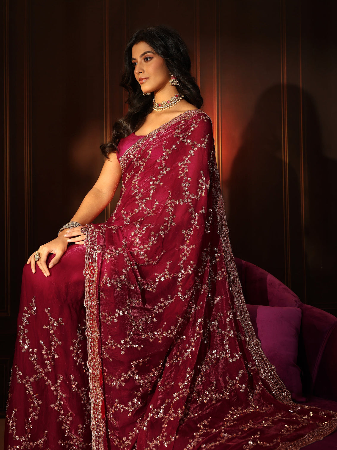 Mameraa Art Magenta Pink Embellished Tissue Saree