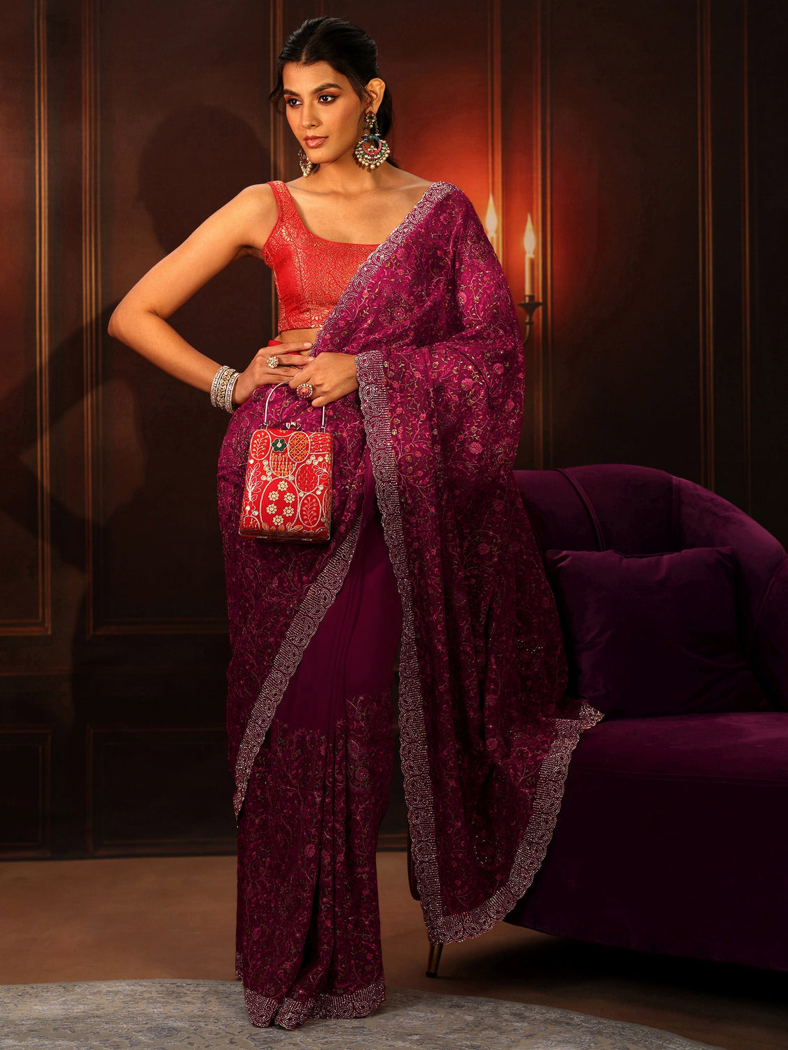 Mameraa Art Magenta Pink Floral Embroidered Georgette Saree