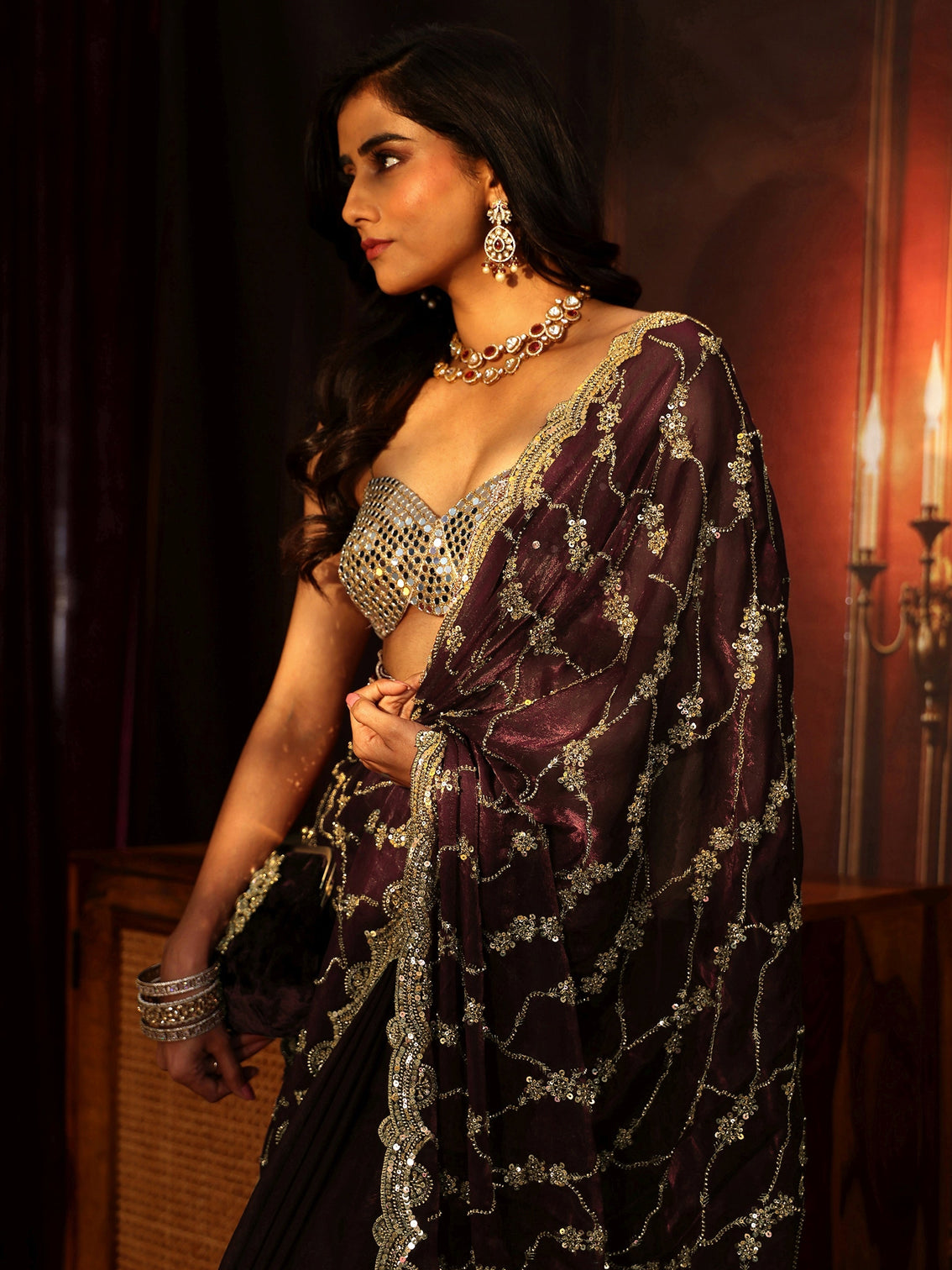 Mameraa Art Maroon Embellished Tissue Saree