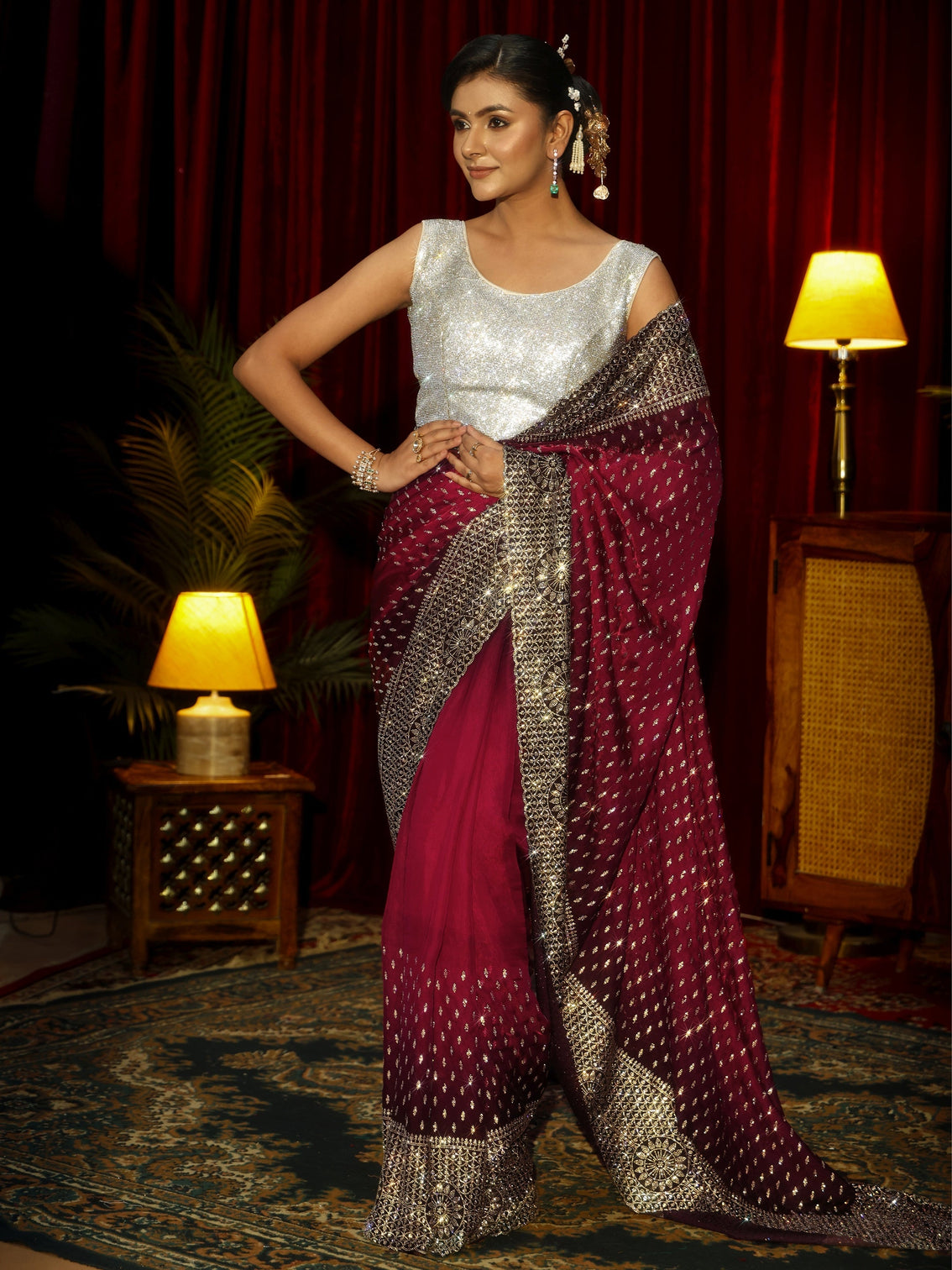 Mameraa Art Maroon Embellished Tissue Saree - Mameraa