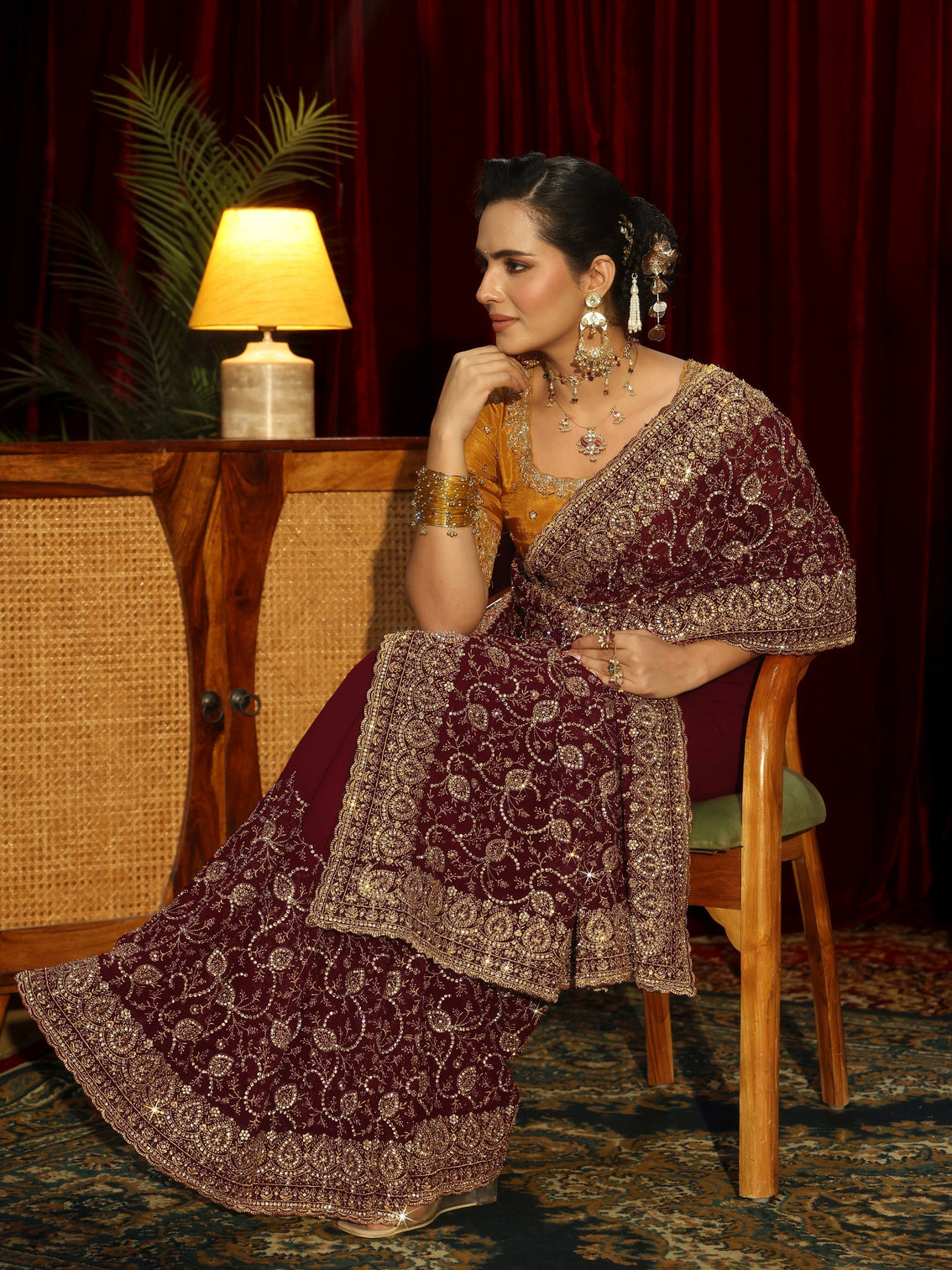 Mameraa Art Maroon Floral Embellished Georgette Saree