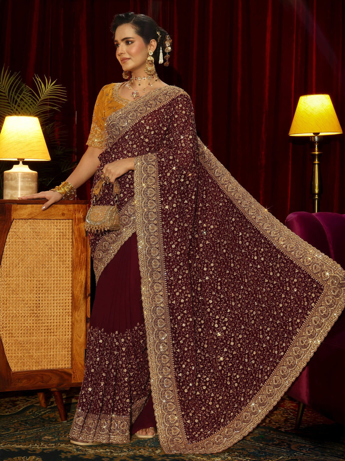 Mameraa Art Maroon Floral Embellished Georgette Saree