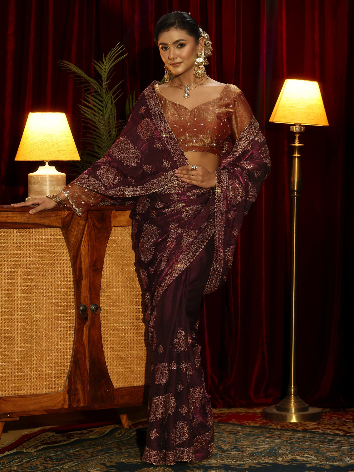 Mameraa Art Maroon Stone Work Embellished Tissue Saree