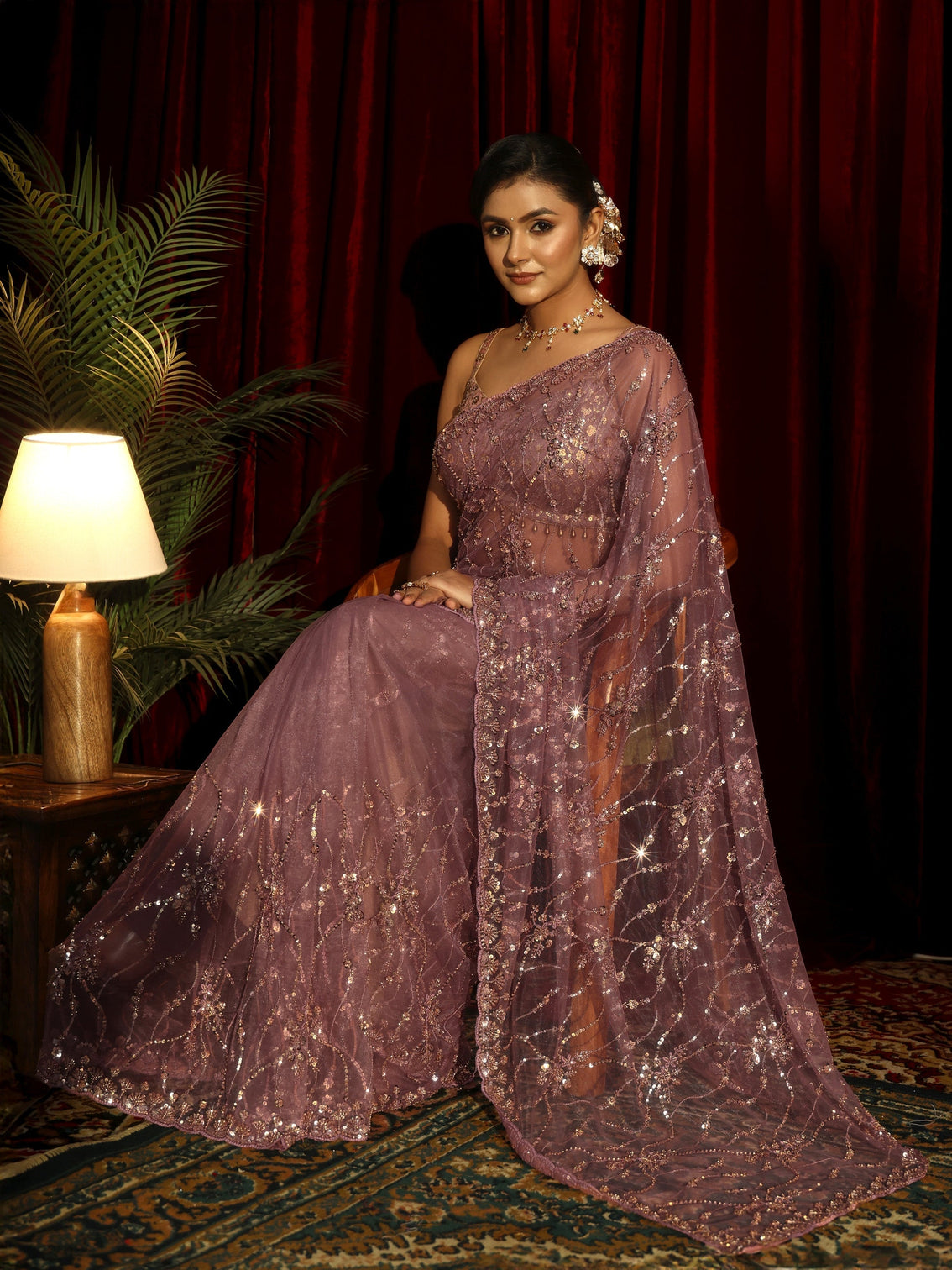 Mameraa Art Mauve Floral Embellished Net Saree