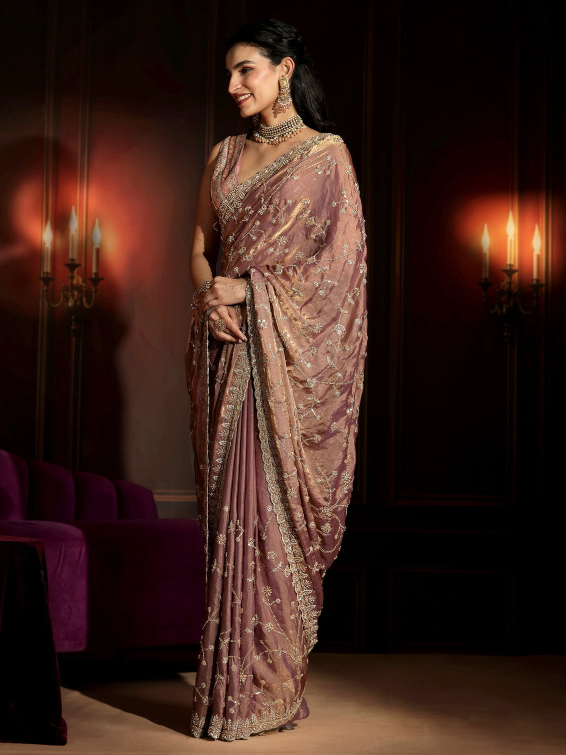 Mameraa Art Mauve Floral Embellished Tissue Saree