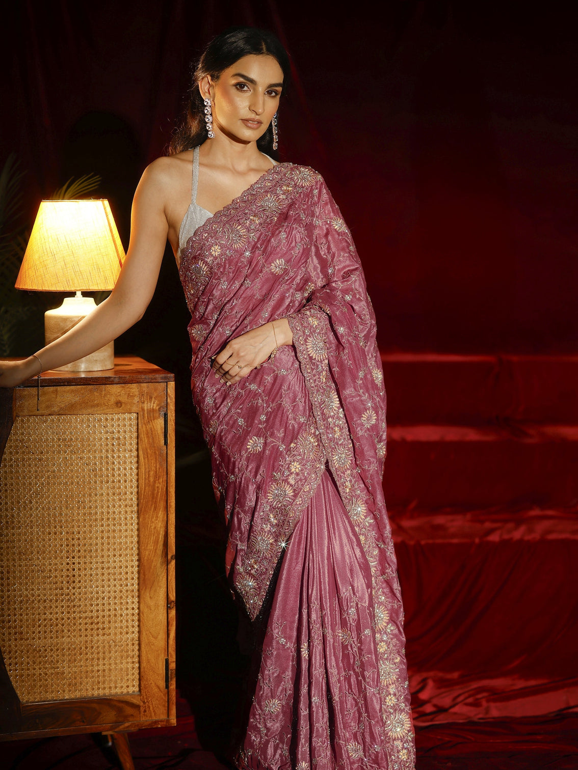 Mameraa Art Mauve Floral Embroidered Satin Saree