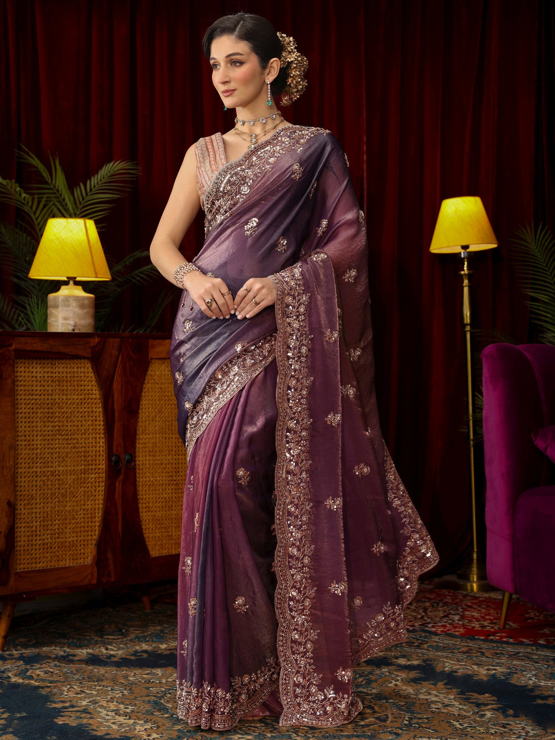 Mameraa Art Mauve Floral Sequin Embellished Tissue Saree