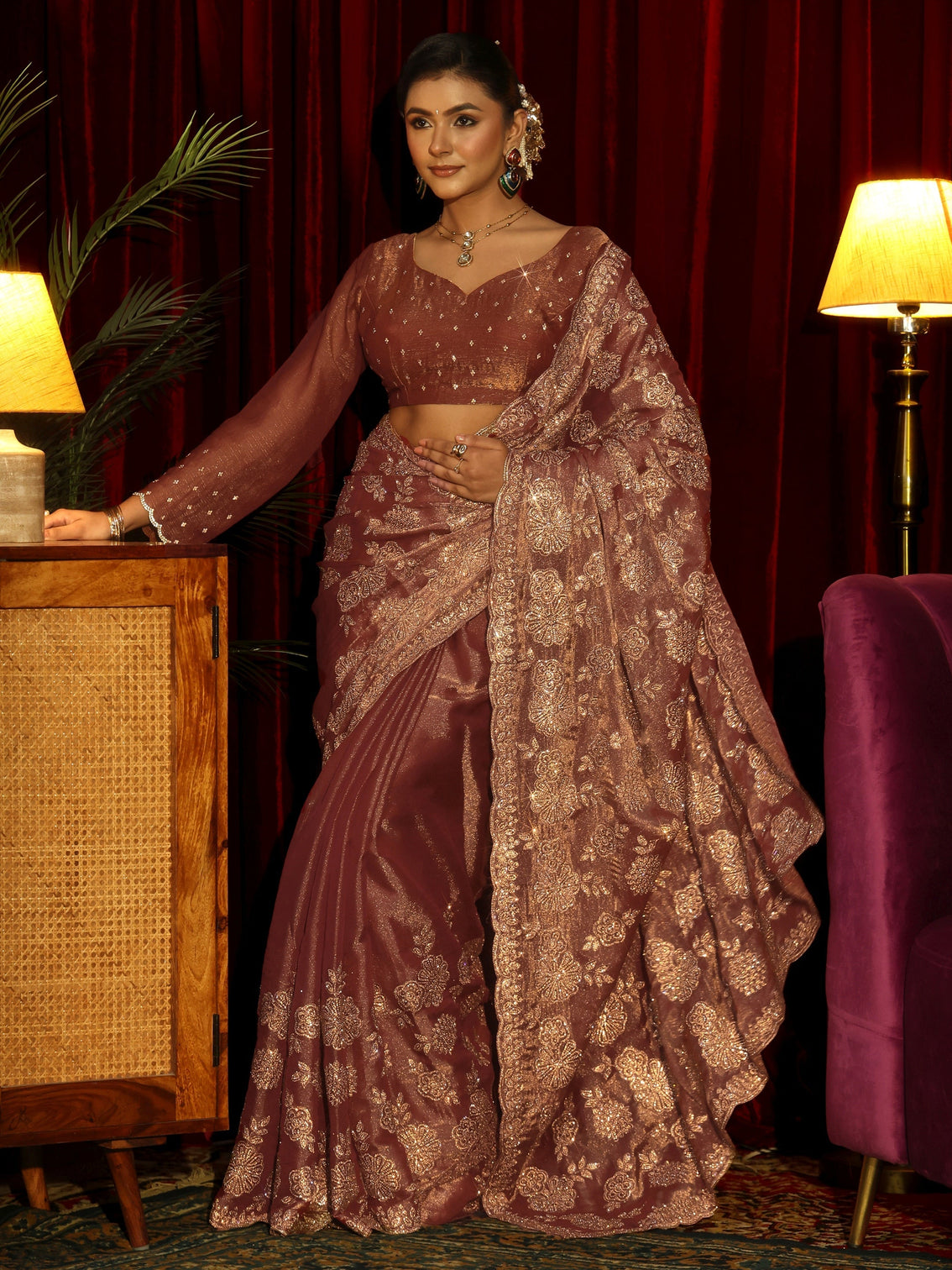Mameraa Art Mauve Stone Work Embellished Tissue Saree