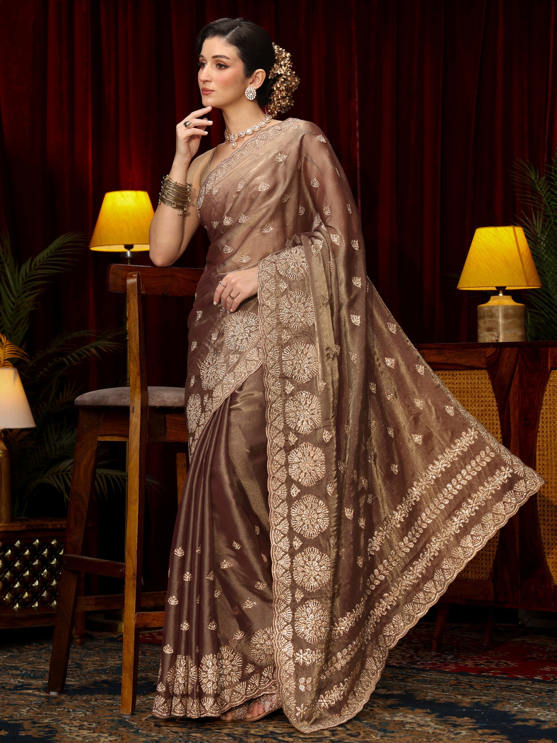 Mameraa Art Mauve Stone Work Embellished Tissue Saree