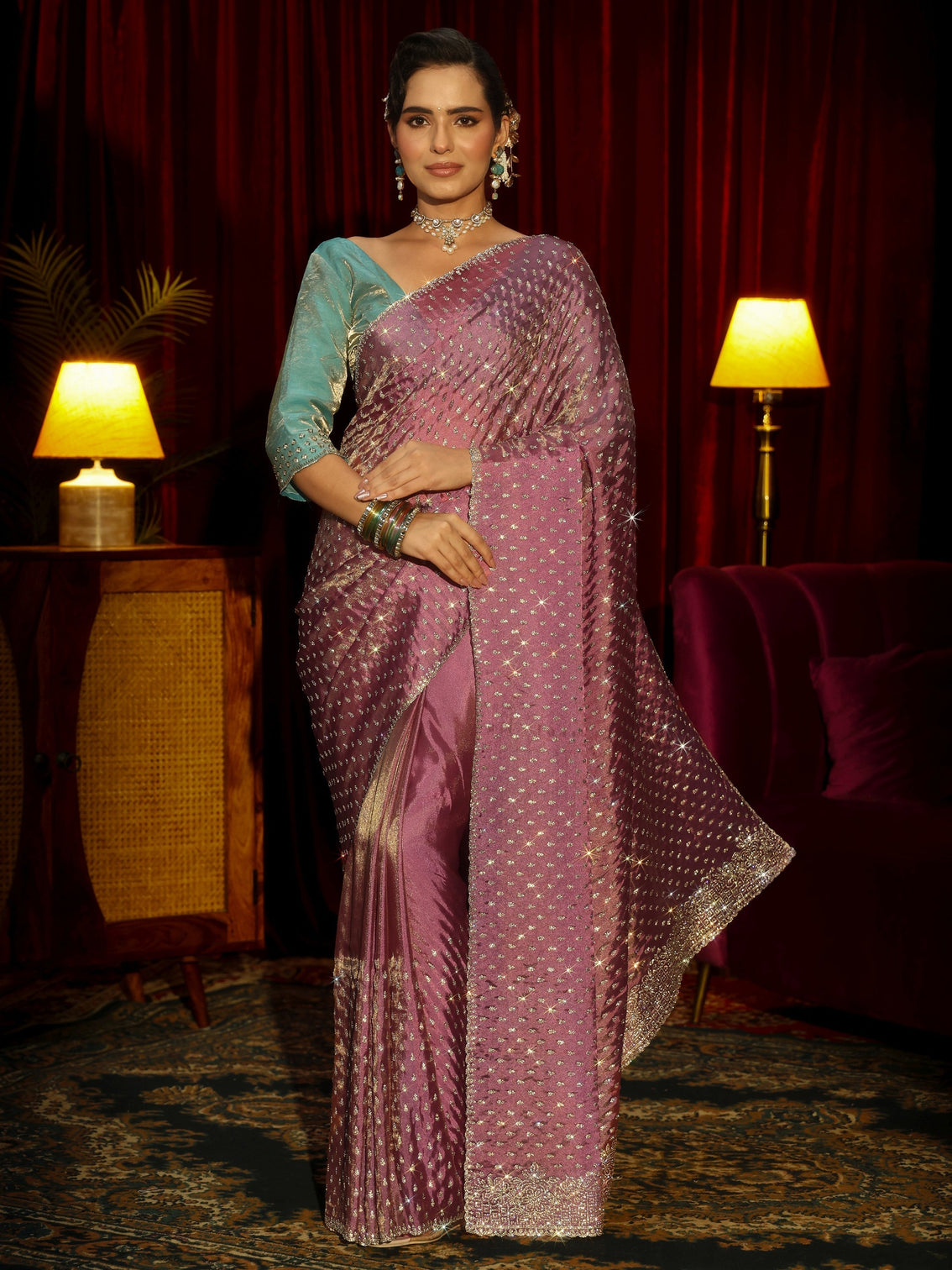Mameraa Art Mauve Stone Work Embellished Tissue Saree