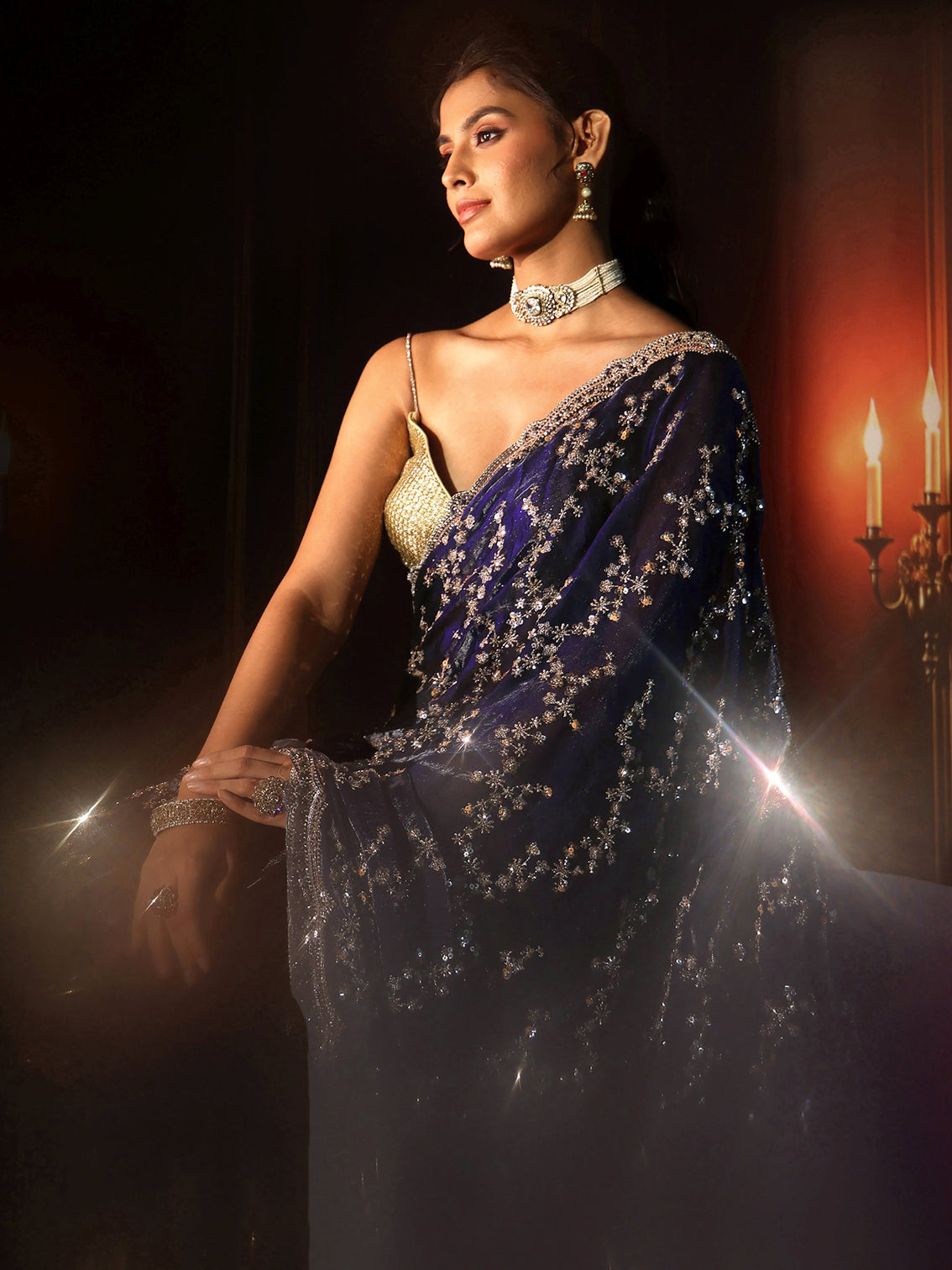 Mameraa Art Midnight Blue Embellished Tissue Saree