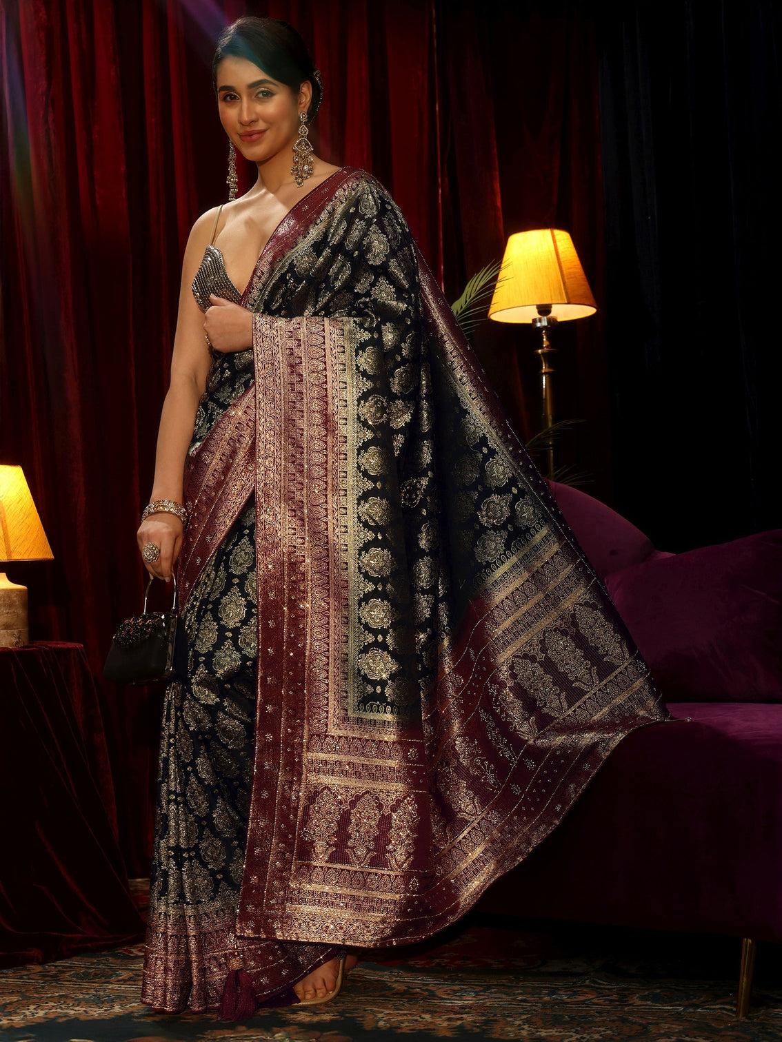 Mameraa Art Midnight Blue Woven Design Embellished Silk Blend Saree