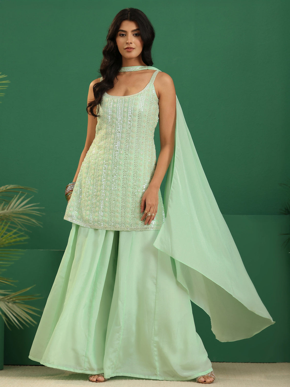 Mameraa Art Mint Green Sequin Embellished Strappy Chinon Palazzo Suit Set