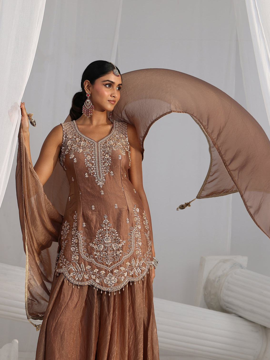 Mameraa Art Mocha Brown Floral Embellished Silk Blend Palazzo Suit Set
