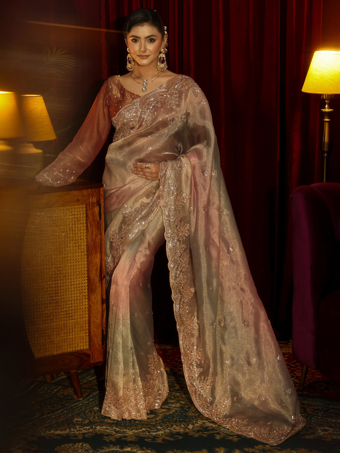 Mameraa Art Multi Coloured Sequin Embellished Tissue Saree
