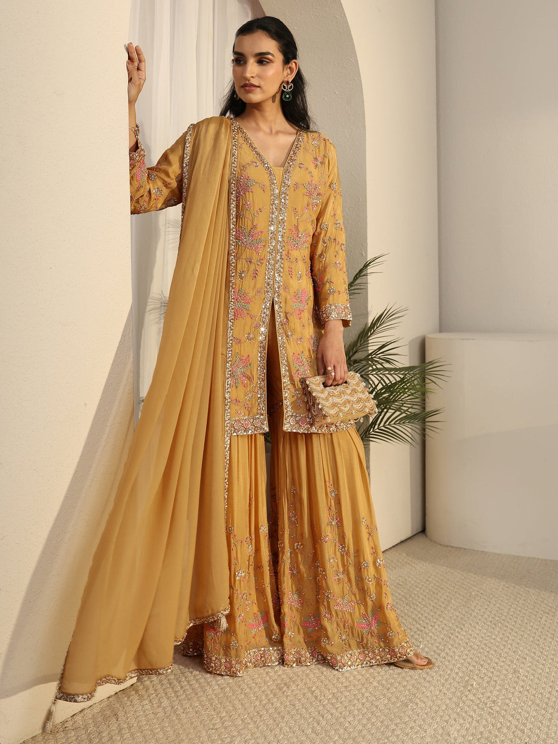 Mameraa Art Mustard Embellished Chinon Sharara Suit Set