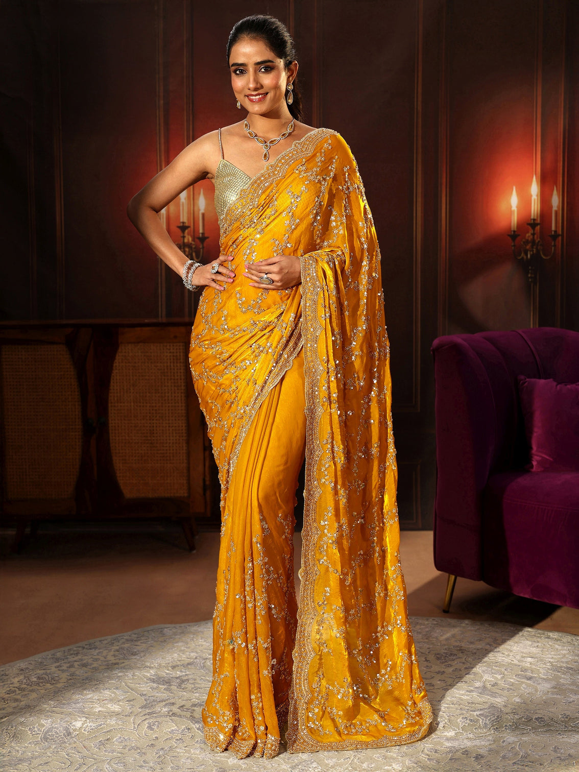 Mameraa Art Mustard Embellished Tissue Saree