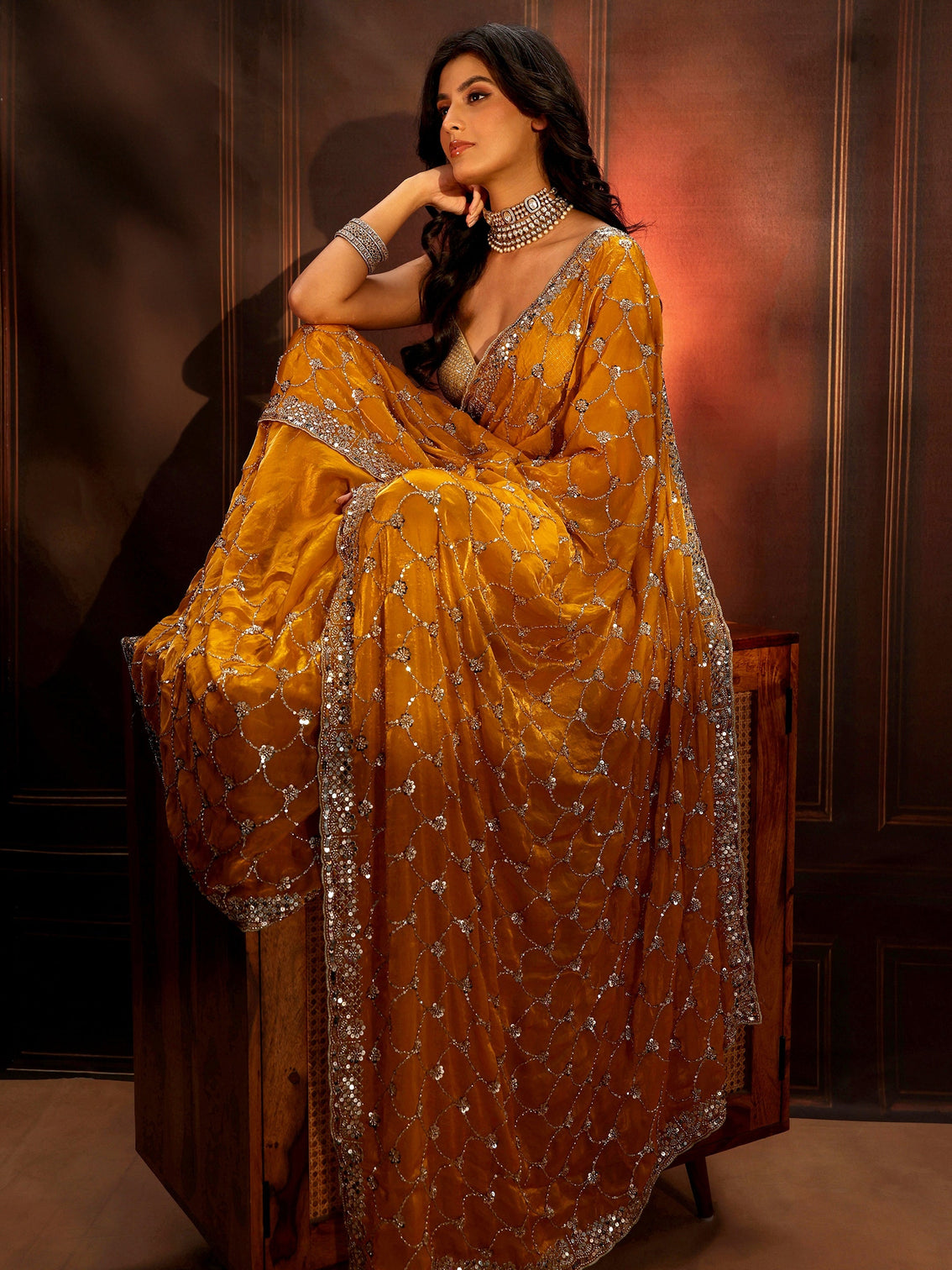 Mameraa Art Mustard Embellished Tissue Saree