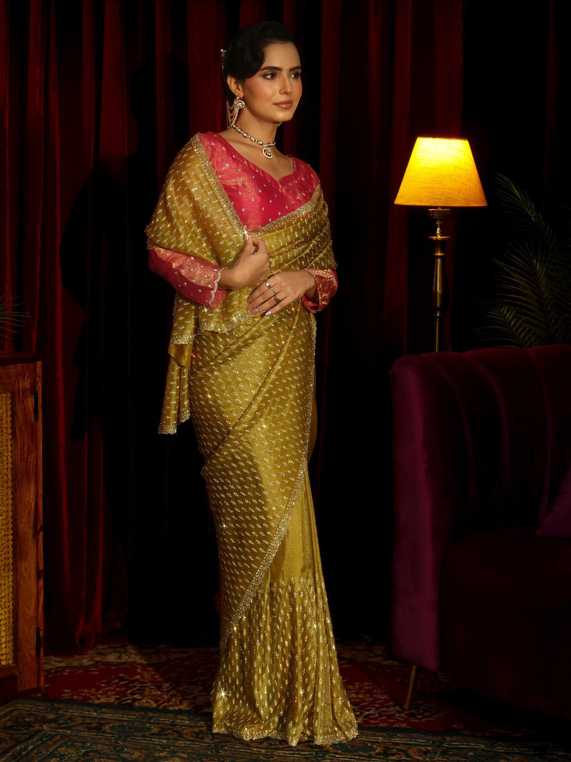 Mameraa Art Mustard Embellished Tissue Saree