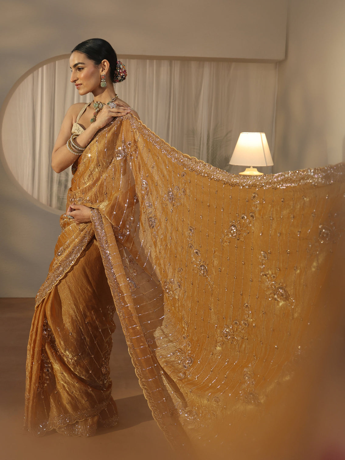Mameraa Art Mustard Embellished Tissue Saree