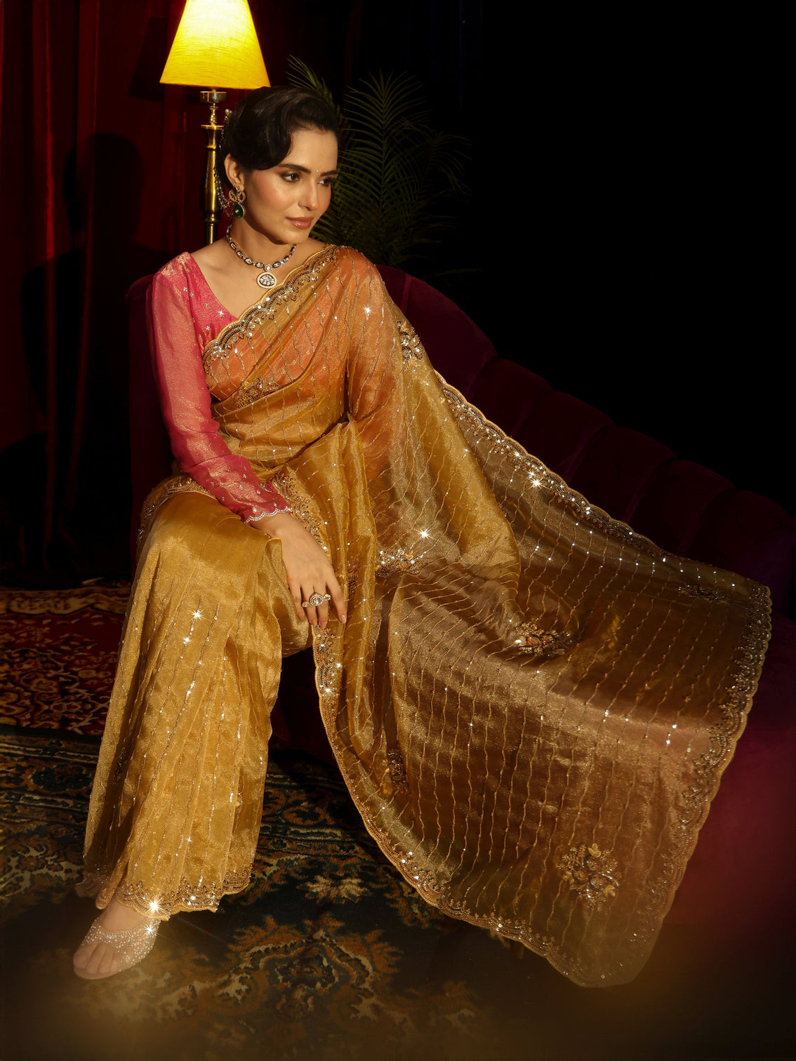 Mameraa Art Mustard Embellished Tissue Saree