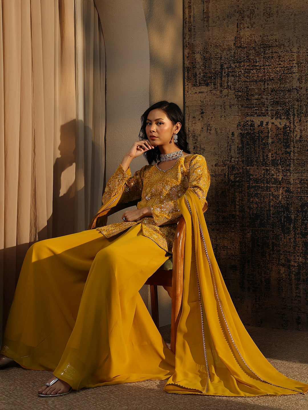 Mameraa Art Mustard Embroidered Georgette A-Line Suit Set With Dupatta