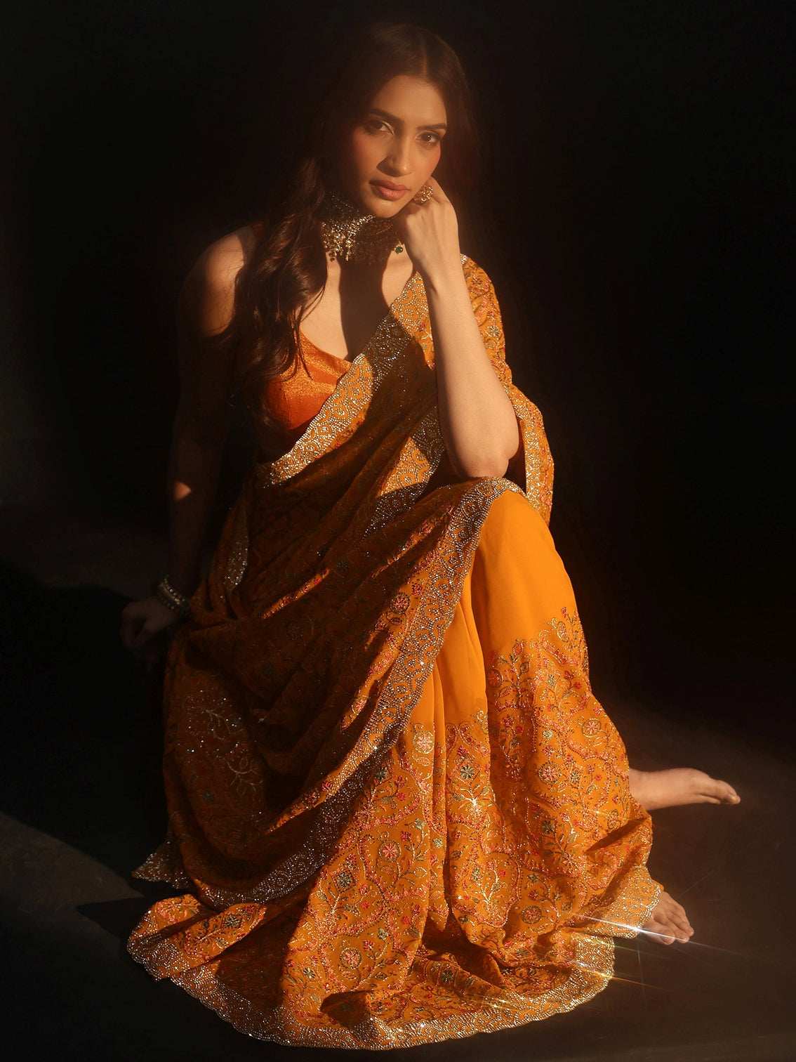 Mameraa Art Mustard Floral Embellished Georgette Saree