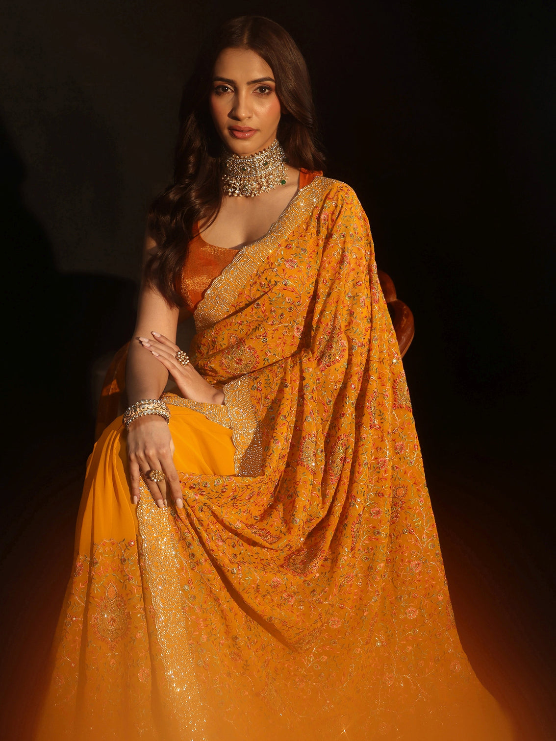 Mameraa Art Mustard Floral Embellished Georgette Saree