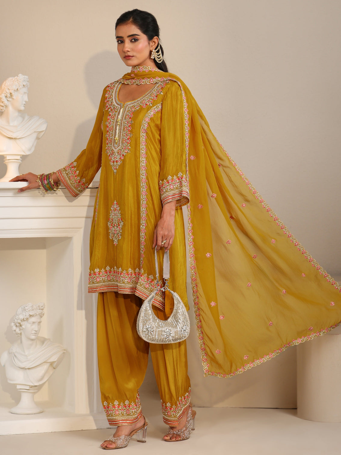 Mameraa Art Mustard Floral Embellished Organza Straight Suit Set