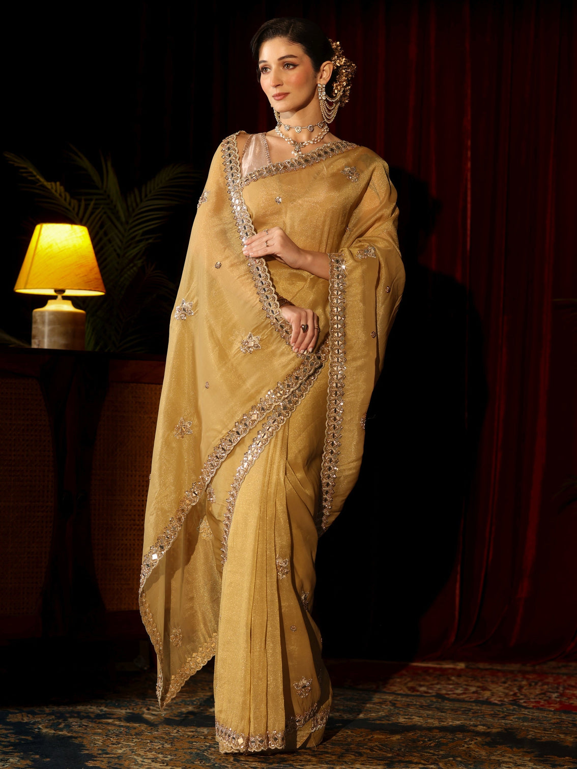 Mameraa Art Mustard Floral Embellished Tissue Saree
