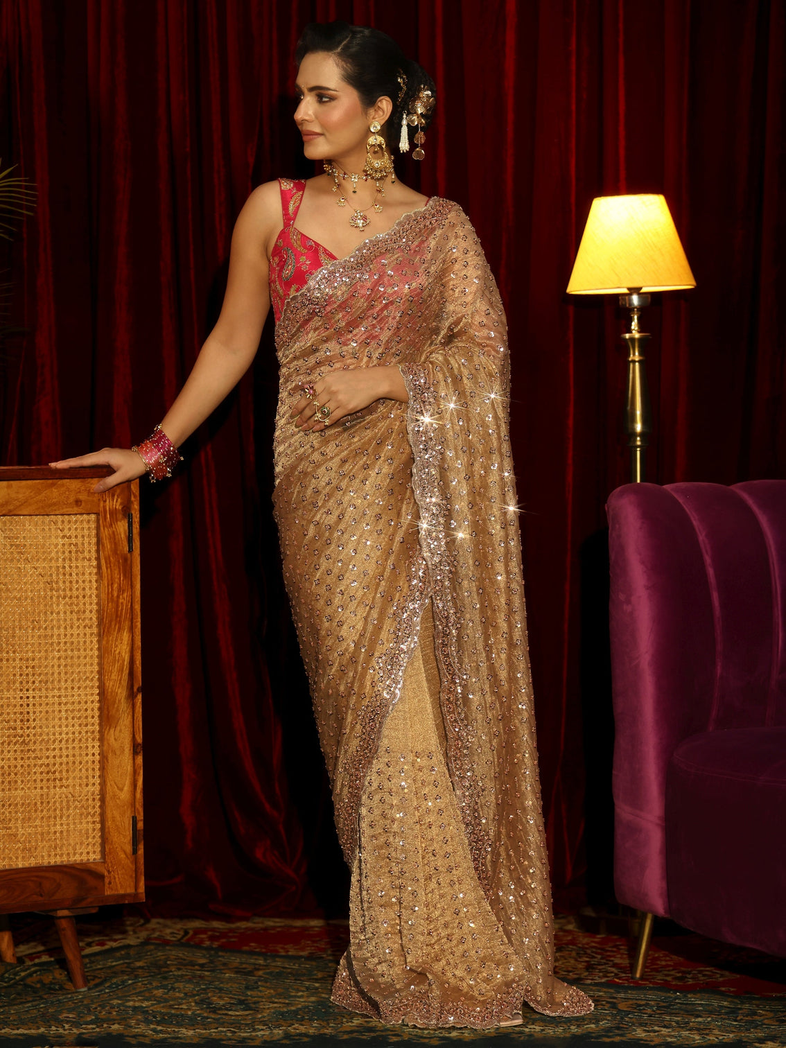 Mameraa Art Mustard Floral Embellished Tissue Saree