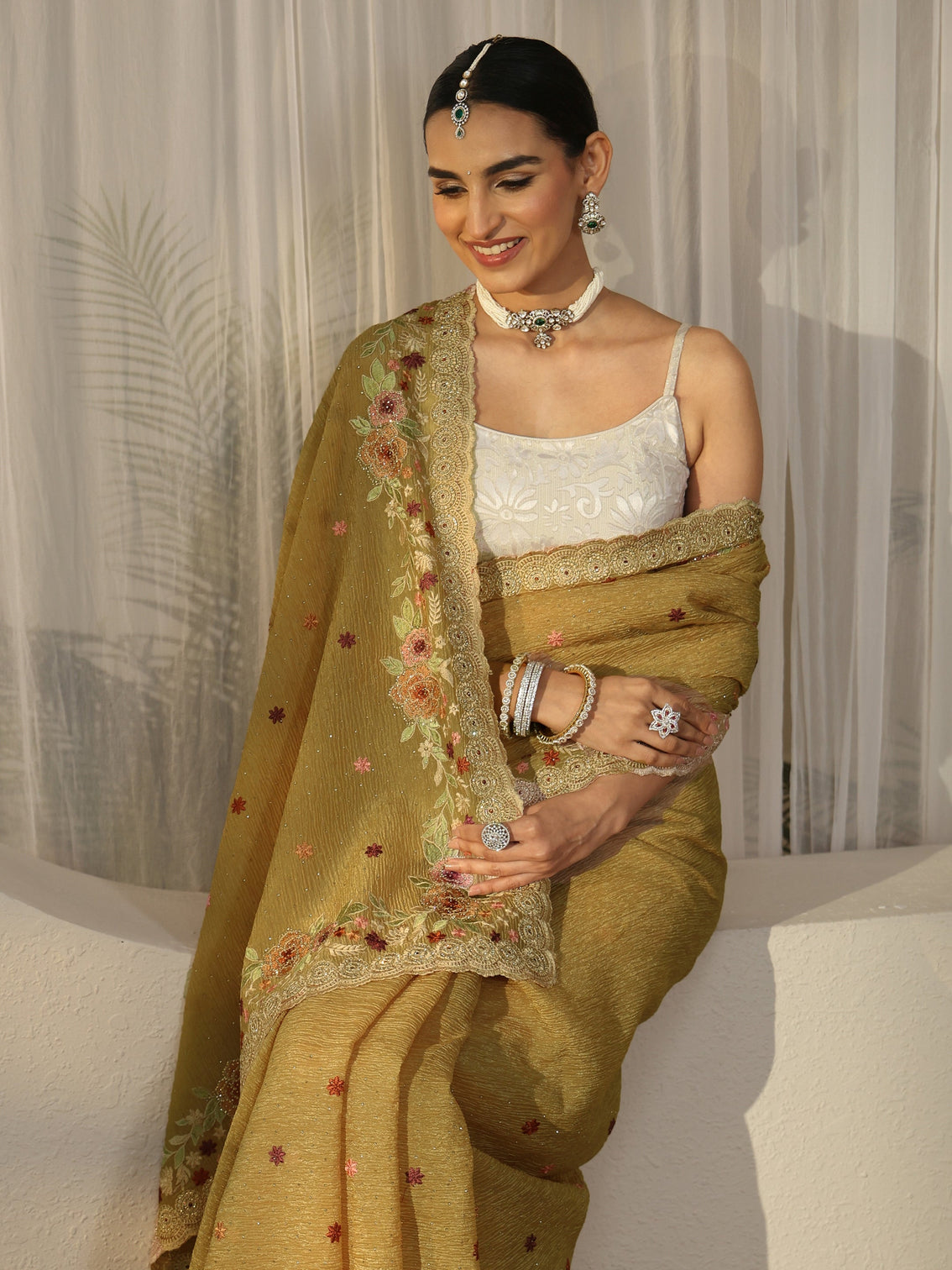 Mameraa Art Mustard Floral Embroidered Tissue Saree