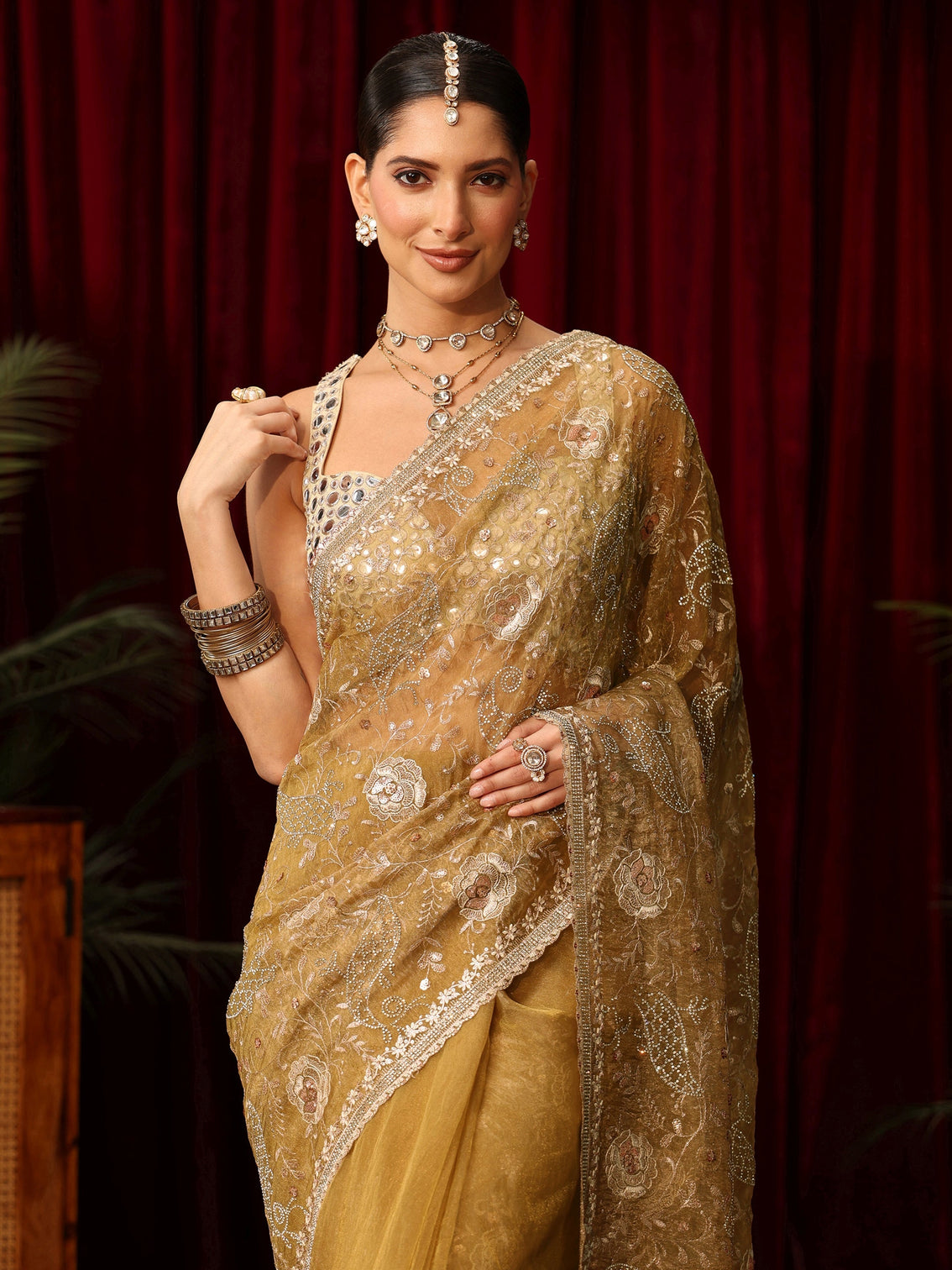 Mameraa Art Mustard Floral Embroidered Tissue Saree with Stone Work