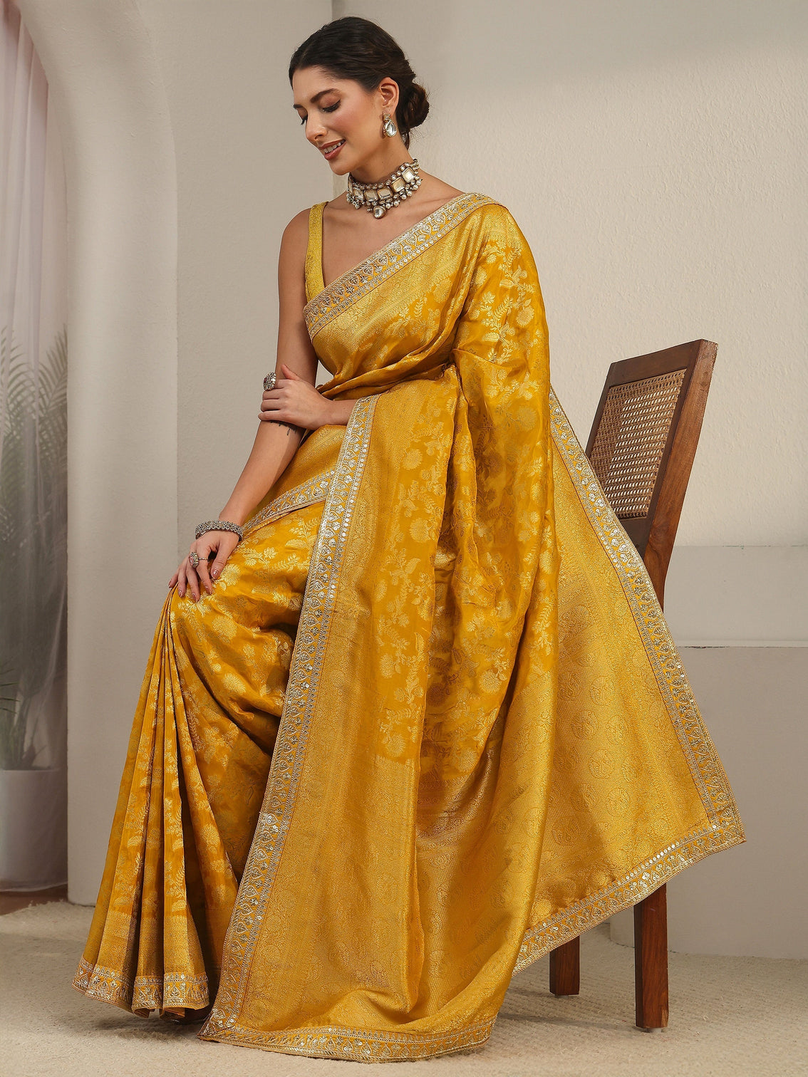 Mameraa Art Mustard Floral Woven Design Silk Blend Saree