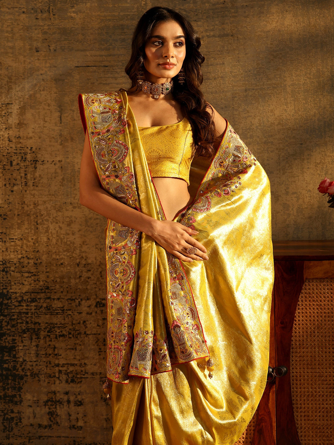 Mameraa Art Mustard Floral Woven Saree with Embellished Saree