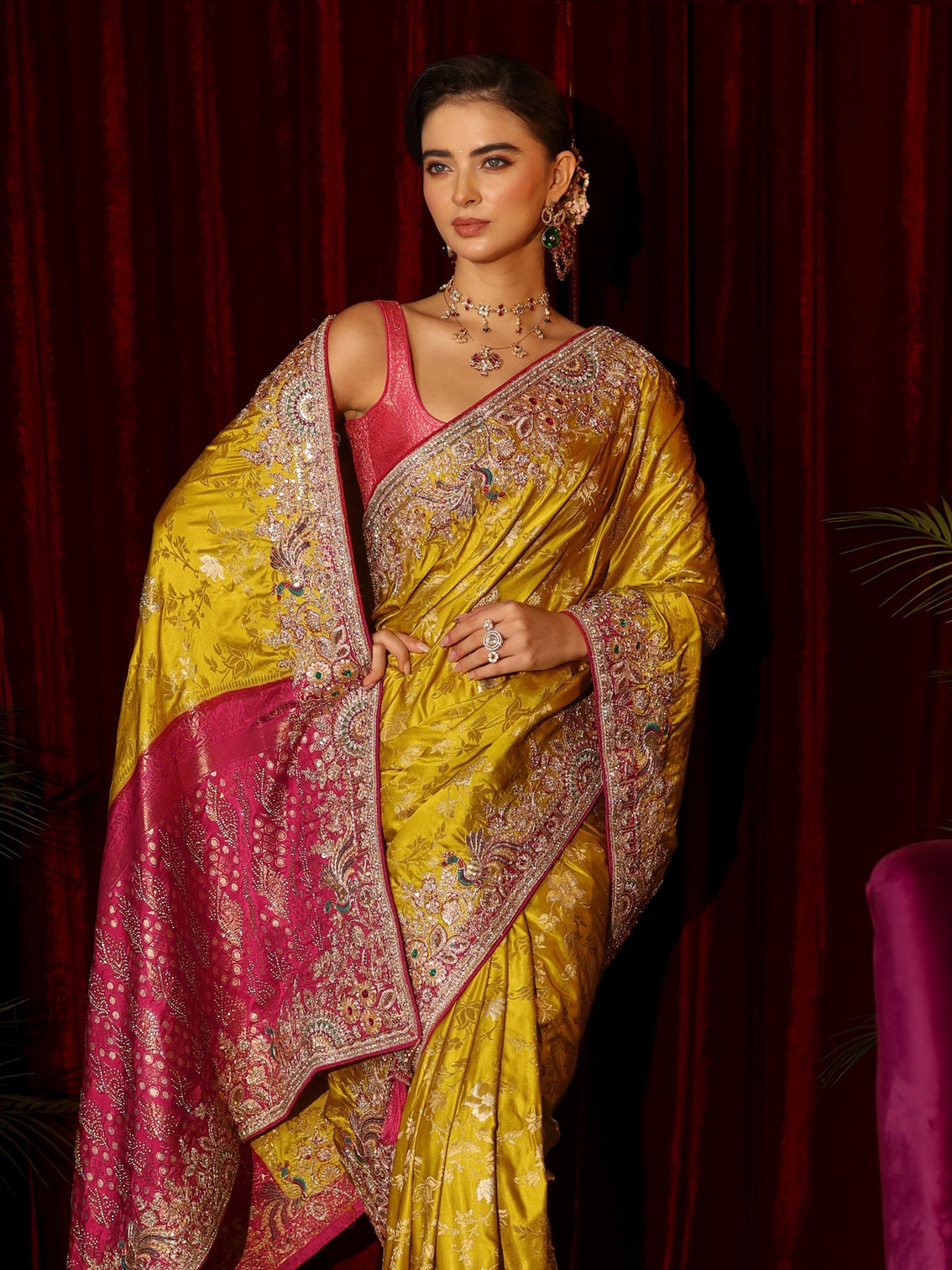 Mameraa Art Mustard Floral Woven Silk Blend Saree with Embellished Border