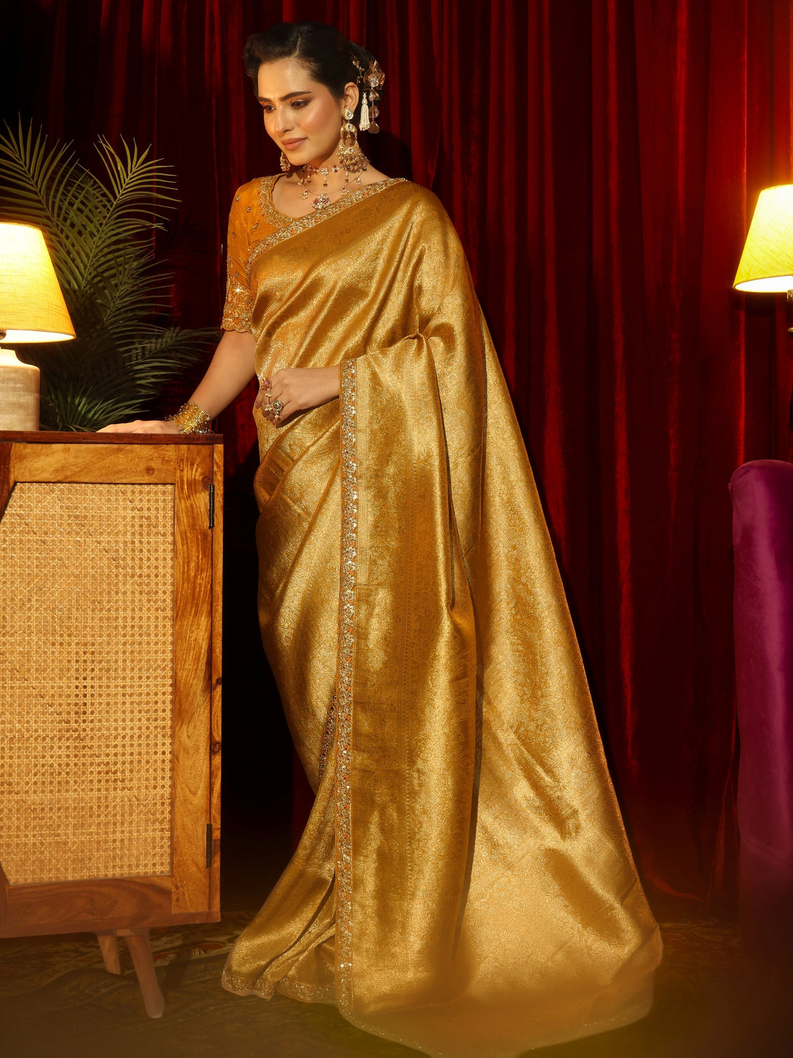 Mameraa Art Mustard Kalamkari Printed Silk Blend Saree