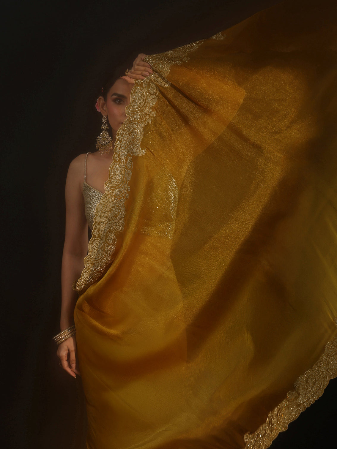 Mameraa Art Mustard Net Saree with Paisley Border