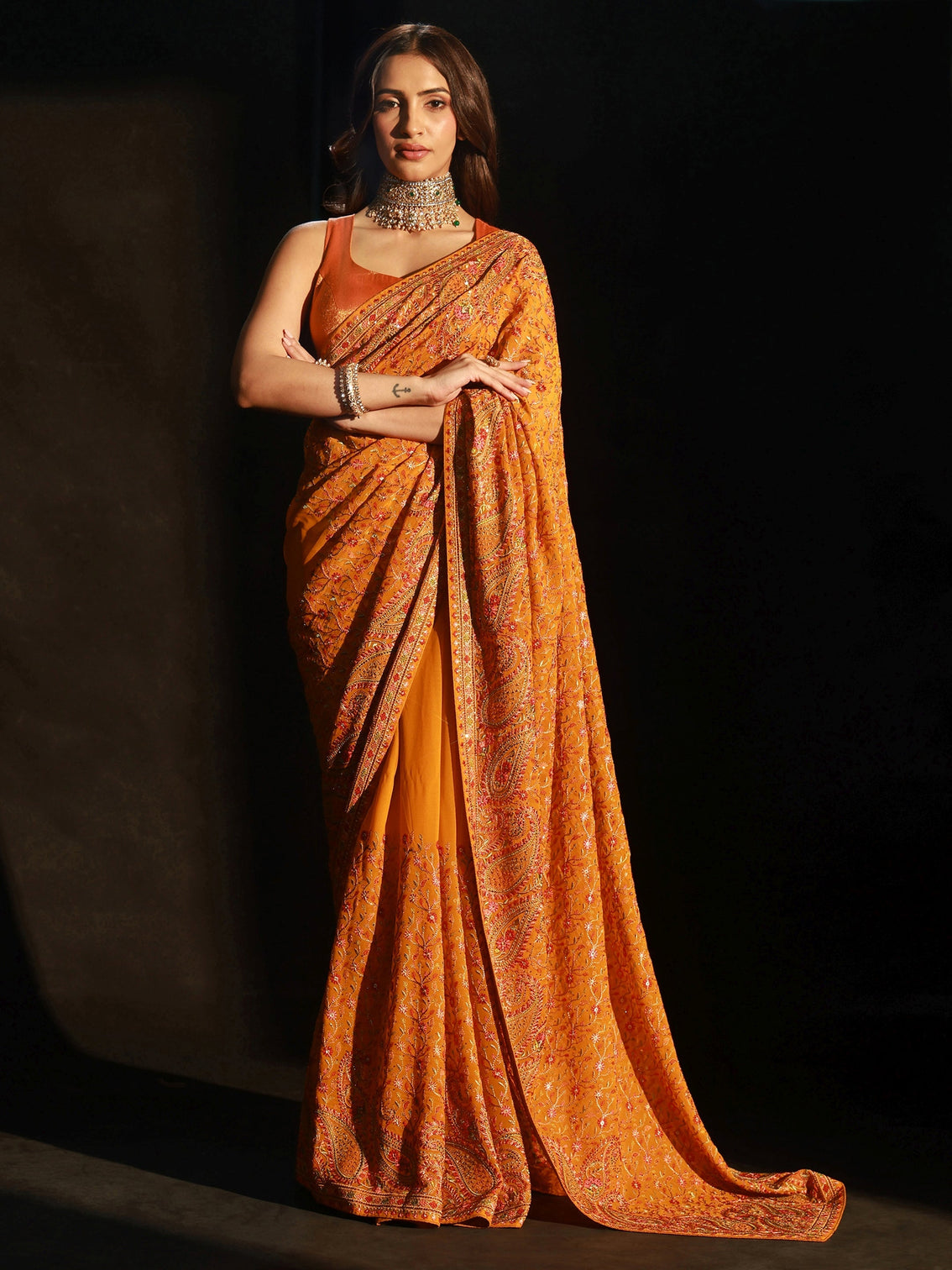 Mameraa Art Mustard Paisley Embroidered Georgette Saree