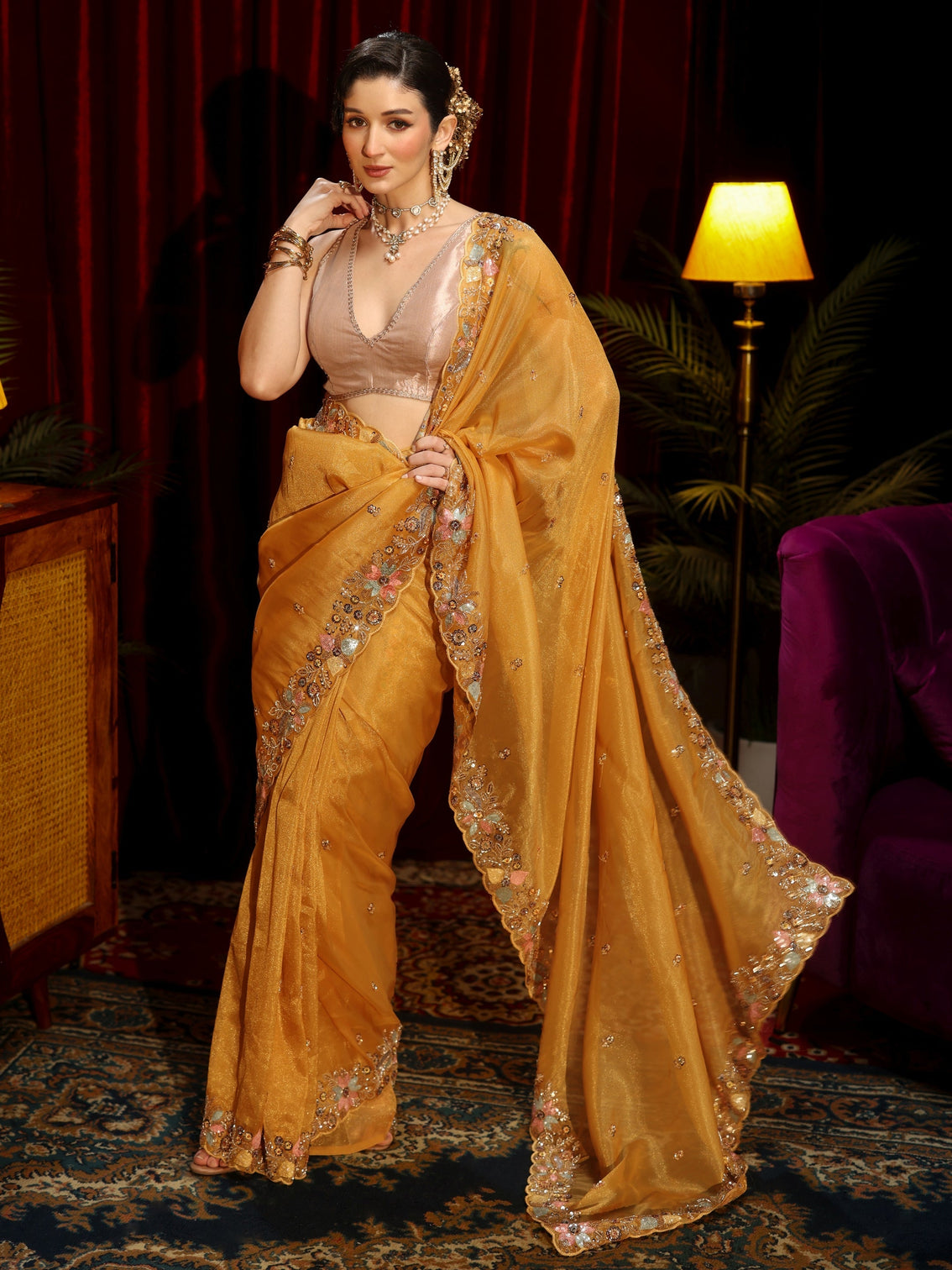 Mameraa Art Mustard Sequin Embellished Tissue Saree