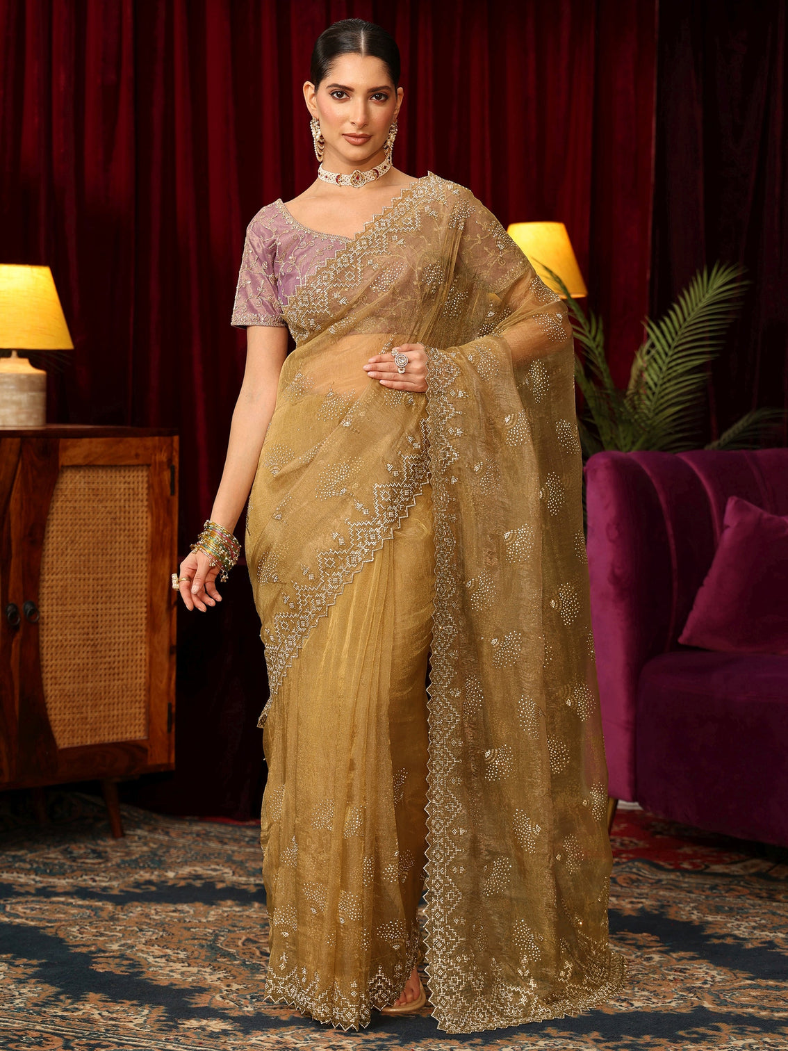 Mameraa Art Mustard Stone Work Embellished Tissue Saree